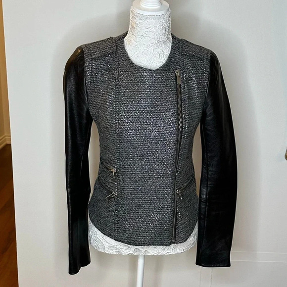 Maje Wool Jacket with Leather Sleeves Sz. 40 - Picture 1 of 5